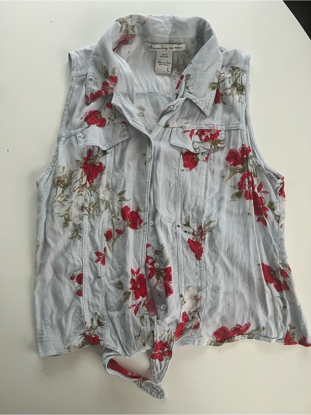 American Rag Light Blue Floral Tie-Hem Button Down Sleeveless Top
